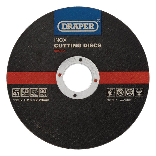 Draper 08940 Inox Flat Metal Cutting Discs, 115 x 22.2 x 1.2mm (Pack of 10)