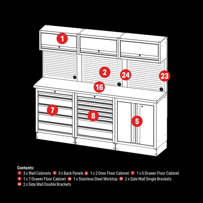 Draper 04415 BUNKER 14 Piece Modular Storage Combo with Stainless Steel Worktop 2040mm