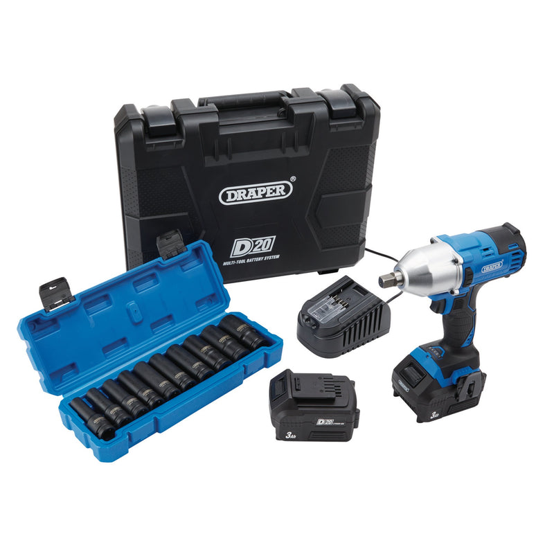 Draper 04791 D20 20V Brushless Mid-Torque Impact Wrench Kit, 1/2" Sq. Dr, 400Nm, & Metric Deep Impact Socket Set (10 Piece)