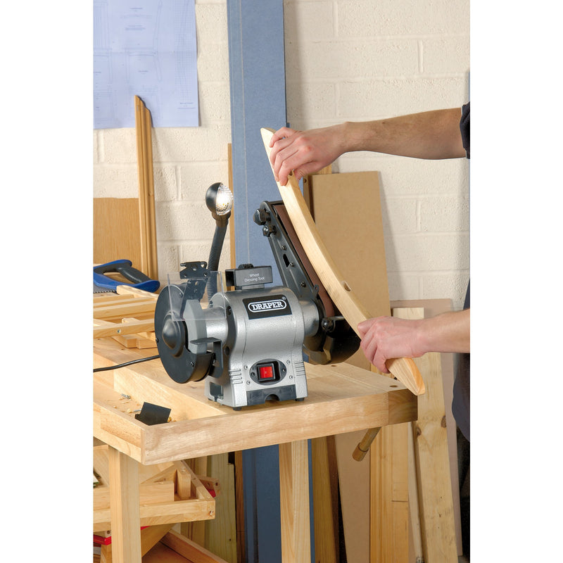 Draper 05096 Bench Grinder with Sanding Belt and Work light, 150mm, 370W