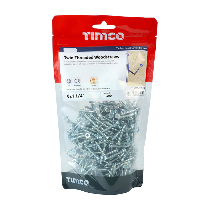 TIMCO Twin-Threaded Countersunk Silver Woodscrews — Bag