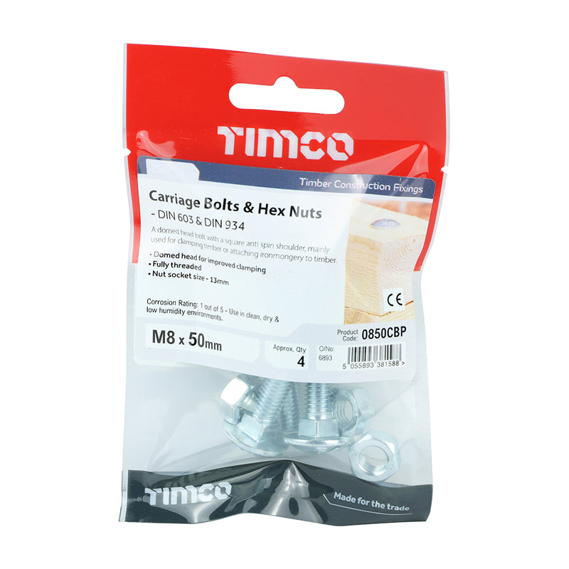 TIMCO Carriage Bolts DIN603 & Hex Full Nut DIN934 Silver — Trade Pack