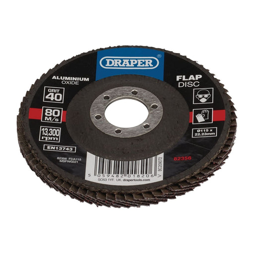 Draper 82356 Aluminium Oxide Flap Disc, 115 x 22.23mm, 40 Grit