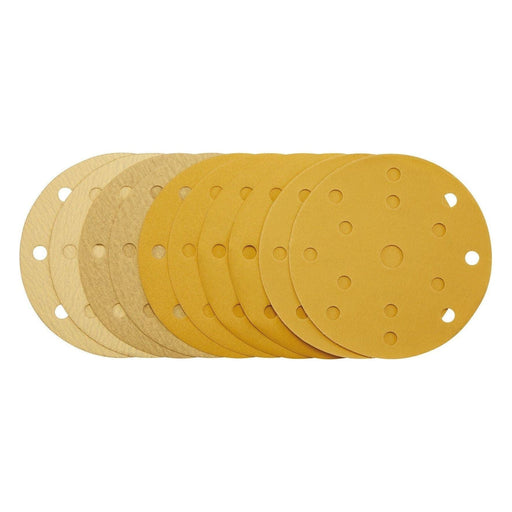 Draper 08480 Gold Sanding Discs with Hook & Loop, 150mm, Assorted Grit - 120G, 180G, 240G, 320G, 400G, 15 Dust Extraction Holes (Pack of 10)
