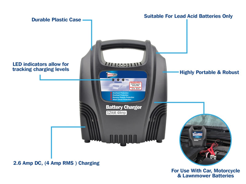 Streetwize Battery Charger - Plastic Cased 12V/4Amp