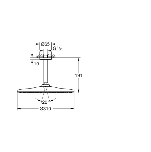 RainShower 1 Spray Ceiling Head and Arm - 310mm head - 9.5lpm Black
