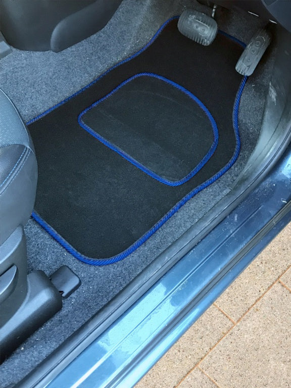 Streetwize Velour Carpet Mat Sets with Coloured Binding - 4 Piece Black With Blue Piping