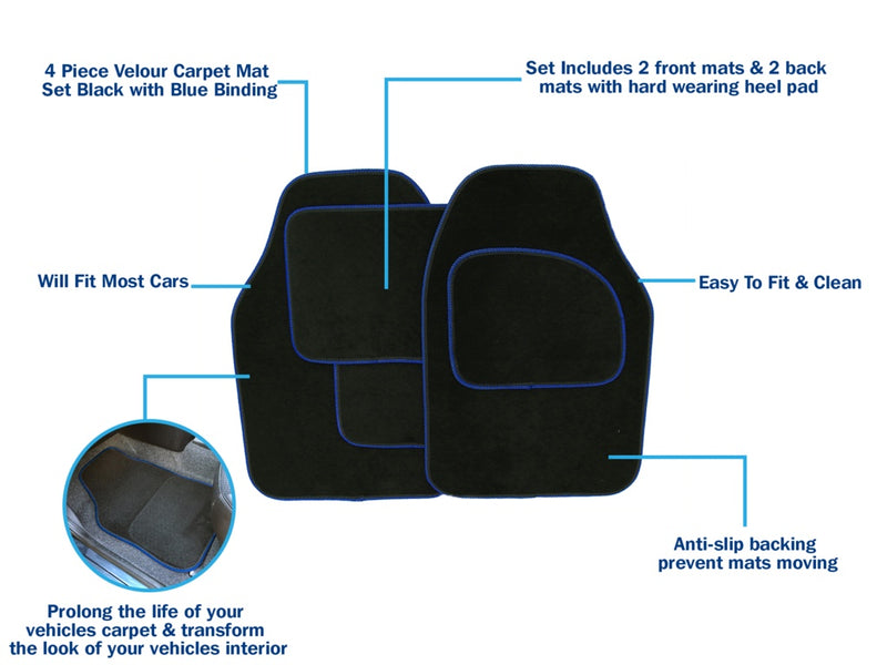 Streetwize Velour Carpet Mat Sets with Coloured Binding - 4 Piece Black With Blue Piping