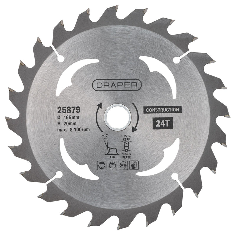 Draper 25879 TCT Cordless Construction Circular Saw Blade for Wood & Composites, 165 x 20mm, 24T