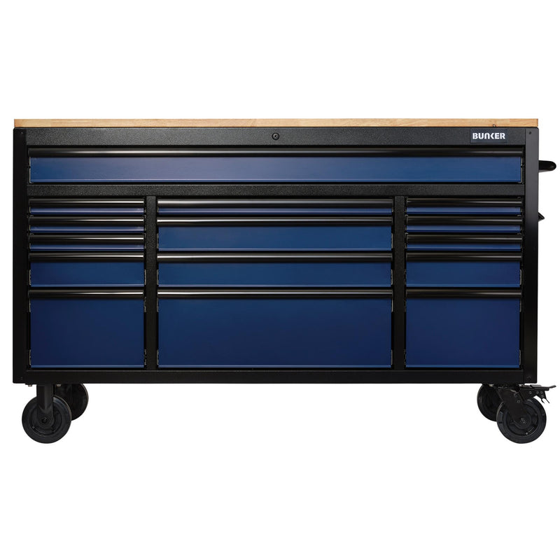 Draper 27336 BUNKER® 15 Drawer Workbench Roller Tool Cabinet, 61", Blue