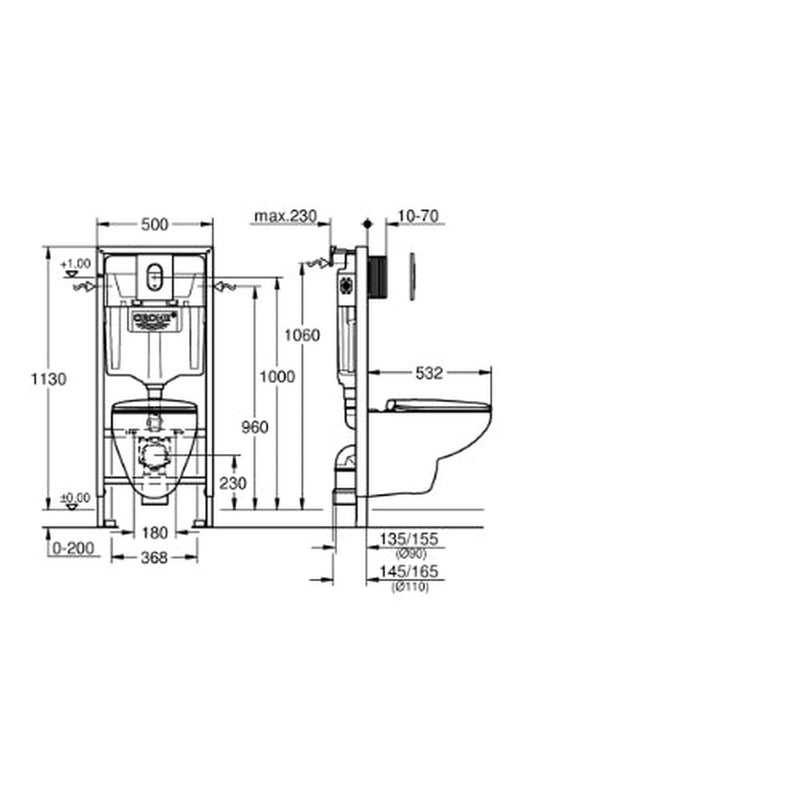 Rapid SL 4in1 - Frame; Plate  Bau Wall Hung Pan - 1.13m Chrome