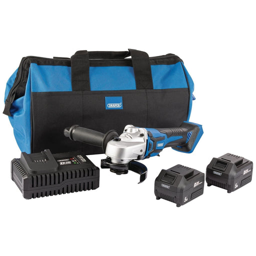 Draper 99730 D20 20V Brushless Angle Grinder, 115mm, 2 x 5.0Ah Batteries, 1 x Fast Charger, 1 x Bag