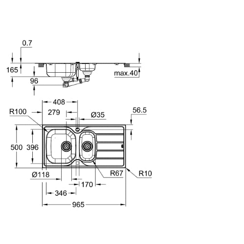 K200 1.5 Bowl Kitchen Sink 965x500