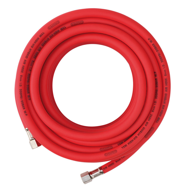 Draper 31735 High Visibility Hybrid Air Hose, 15m x 8mm, 1/4" BSP, Red
