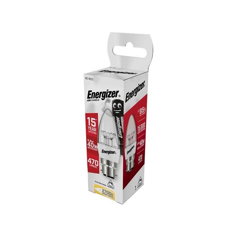 Energizer® LED BC (B22) Clear Candle Dimmable Bulb, Warm White 470 lm 5.9W Energizer® - RockBottom Northamptin