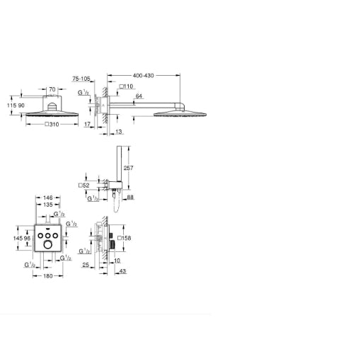 SmartControl Square Concealed Bundle - Wall Head and Holder Chrome