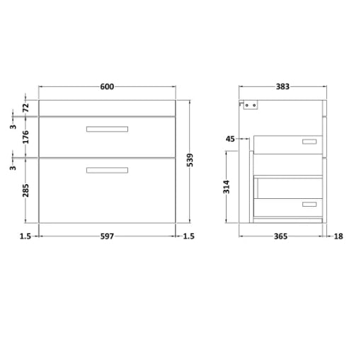 Fresssh Alba 600mm W/H 2 Drawer Basin Unit Gloss White (UNIT ONLY)