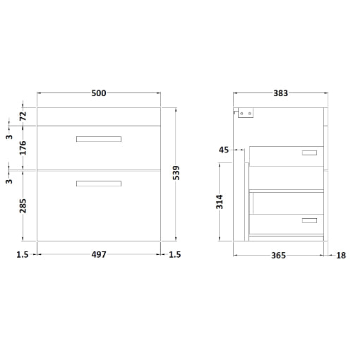 Fresssh Alba 500mm W/H 2 Drawer Basin Unit - Gloss Grey (UNIT ONLY)