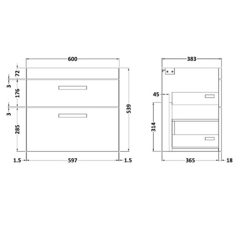 Fresssh Alba 600mm W/H 2 Drawer Basin Unit - Black (UNIT ONLY)