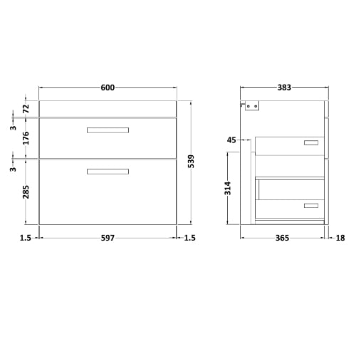 Fresssh Alba 600mm W/H 2 Drawer Basin Unit - Black (UNIT ONLY)