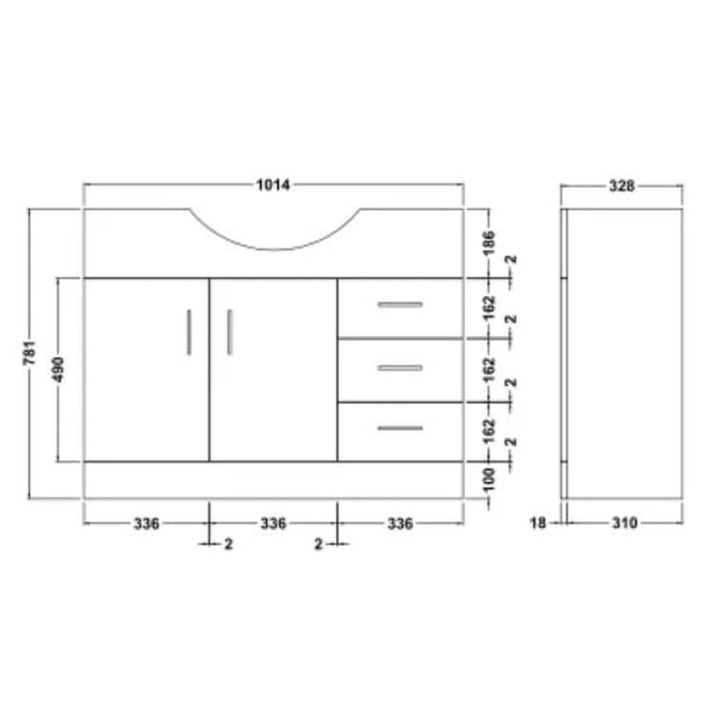 Fresssh NEW Helena 1050mm 2 Door 3 Drawer Vanity Unit - Requires Basin