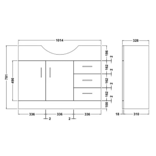 Fresssh NEW Helena 1050mm 2 Door 3 Drawer Vanity Unit - Requires Basin