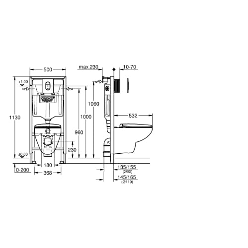 Rapid SL 4in1 - Frame; Plate  Bau Wall Hung Pan - 1.13m Chrome