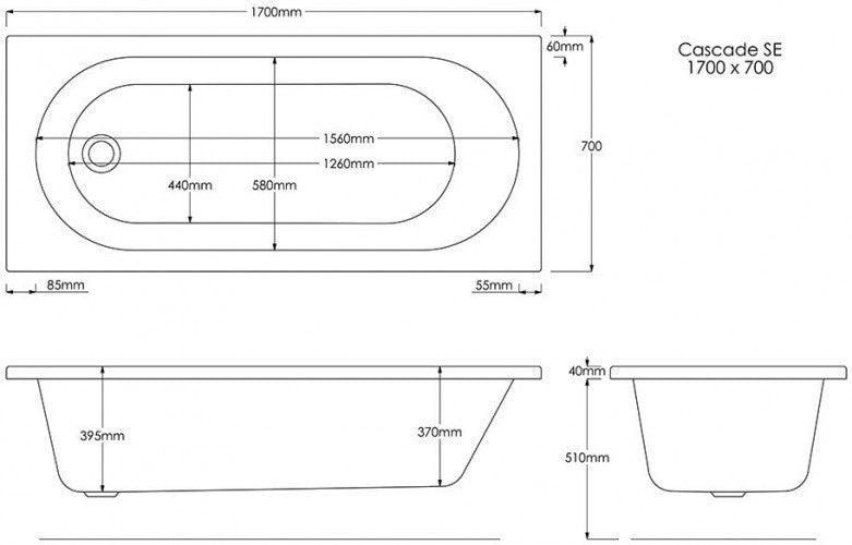 Trojan Cascade Acrylic Bath L: 1700 x W: 700 x D: 510mm
