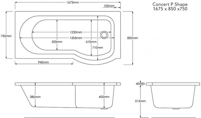 Trojan Concert P Shape Shower Bath LH 1675 x 850 x 750mm