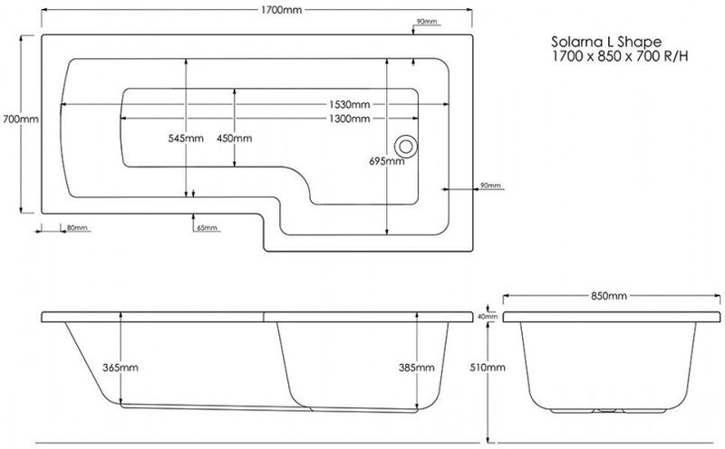 Trojan Solarna L Shape Shower Bath LH 1700 x 850 x 700mm