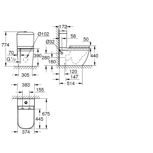 Euro Rimless Close Coupled WC