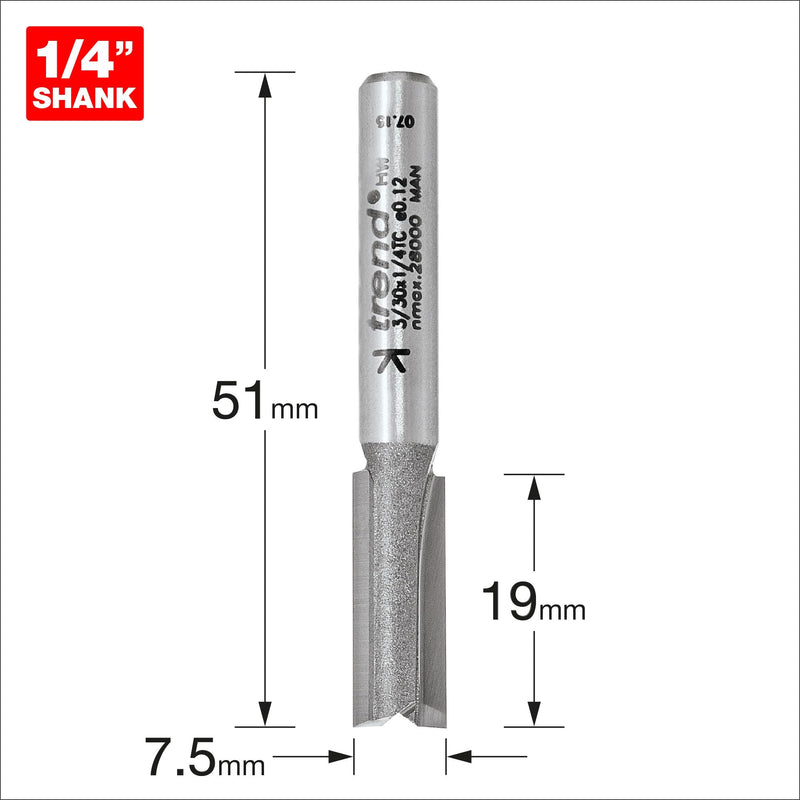 3/30X1/4TC - Two flute cutter 7.5mm diameter