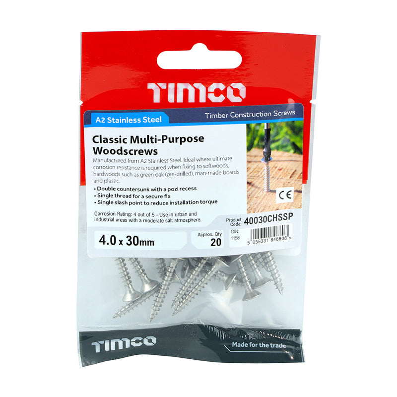 TIMCO Classic Multi-Purpose Countersunk A2 Stainless Steel Woodcrews — Trade Pack