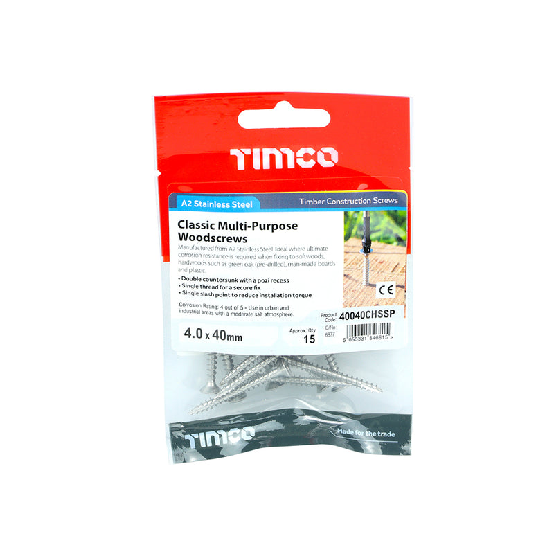 TIMCO Classic Multi-Purpose Countersunk A2 Stainless Steel Woodcrews — Trade Pack