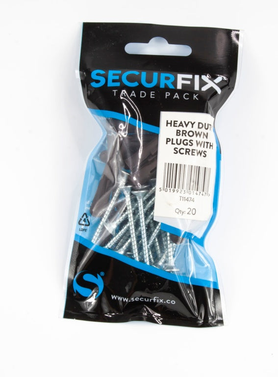 Securfix Heavy Duty Wall Plugs Brown W.Screws 20 Pack