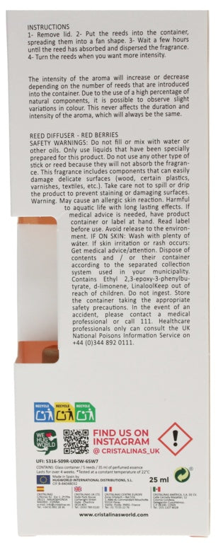 Cristalinas Pet Reed Diffuser 25ml Red Berries