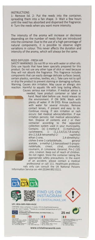 Cristalinas Pet Reed Diffuser 25ml Fresh Air