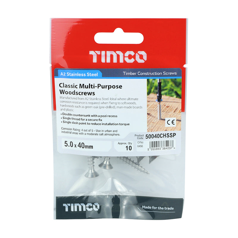 TIMCO Classic Multi-Purpose Countersunk A2 Stainless Steel Woodcrews — Trade Pack