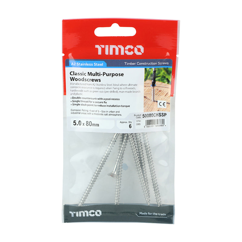 TIMCO Classic Multi-Purpose Countersunk A2 Stainless Steel Woodcrews — Trade Pack