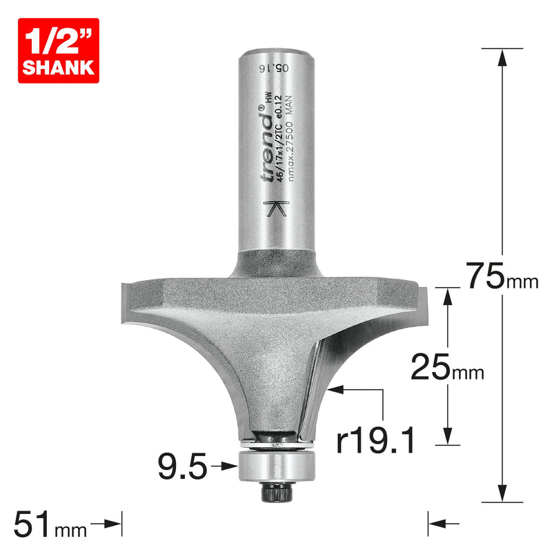 46/17X1/2TC - Bearing guided ovolo cutter 19mm radius