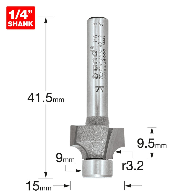 7E/01X1/4TC - Pin guided round over cutter