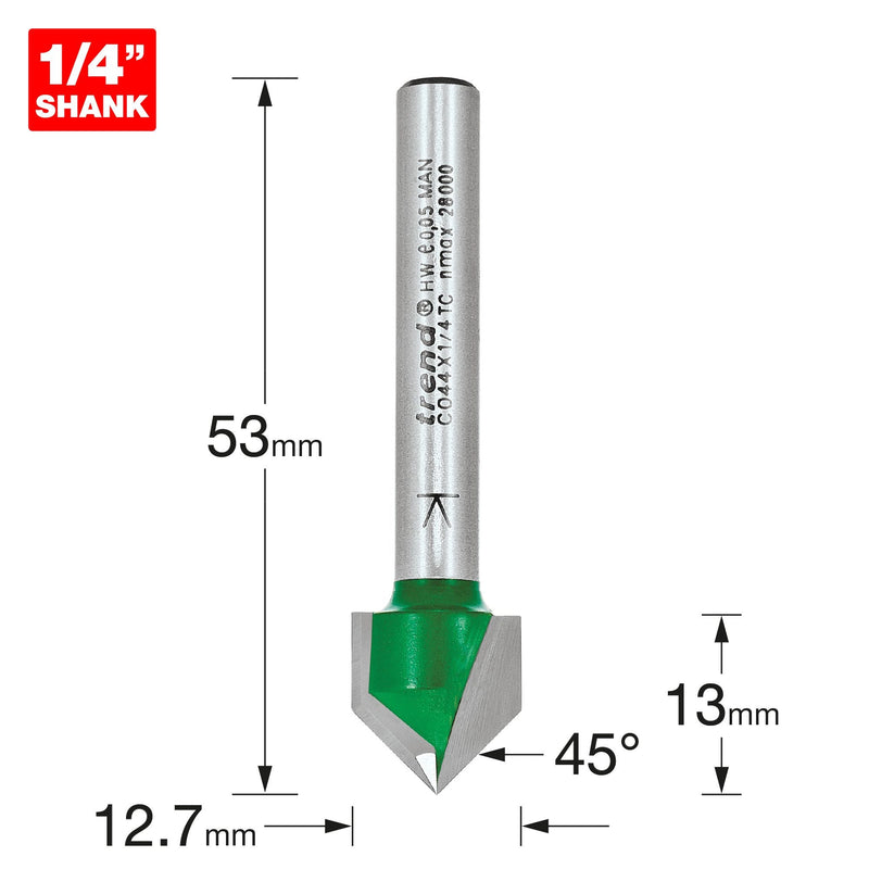 C044X1/4TC - Chamfer V groove cutter angle=45 degrees