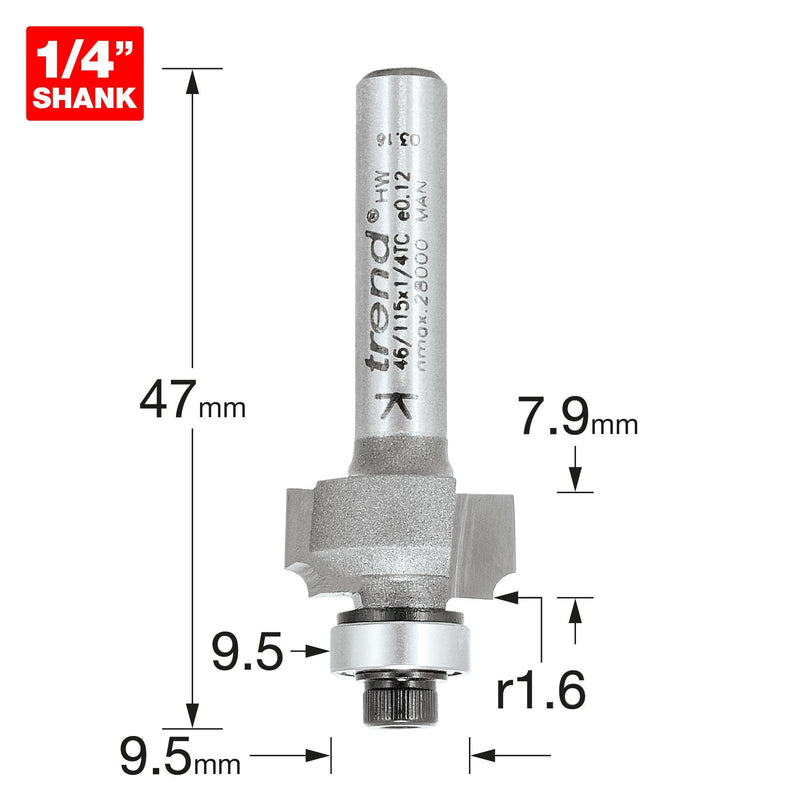 46/115X1/4TC - Bearing guided ovolo cutter 1.6mm radius