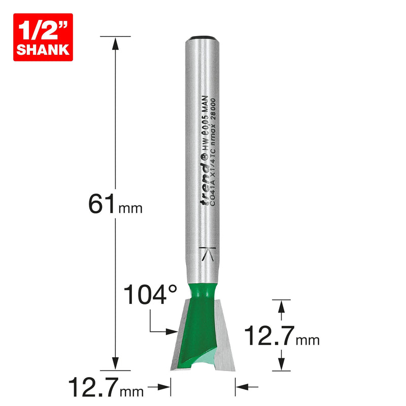 C041AX1/4TC - Dovetail cutter angle=104 degrees 12.7mm diameter