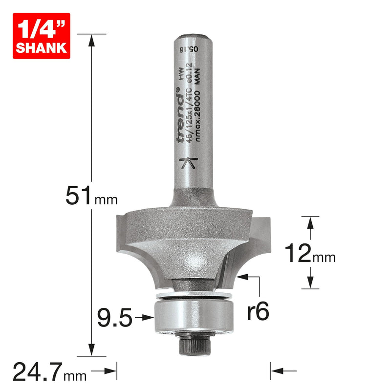 46/125X1/4TC - Bearing guided ovolo cutter 6mm radius