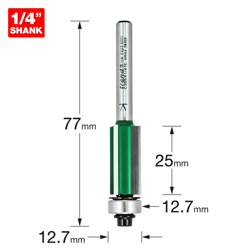 C205X1/4TC - Bearing guided three flute trimmer 12.7mm diameter 25mm length