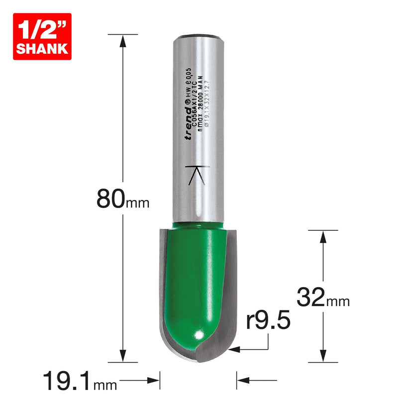 C056AX1/2TC - Trend CraftPro 1/2" TCT 9.5mm Radius Draining Groove Router Cutter, 19mm x 32mm