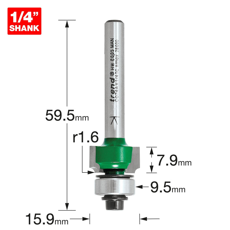 C074AX1/4TC - Rounding over 1.6mm radius x 7.9mm cut