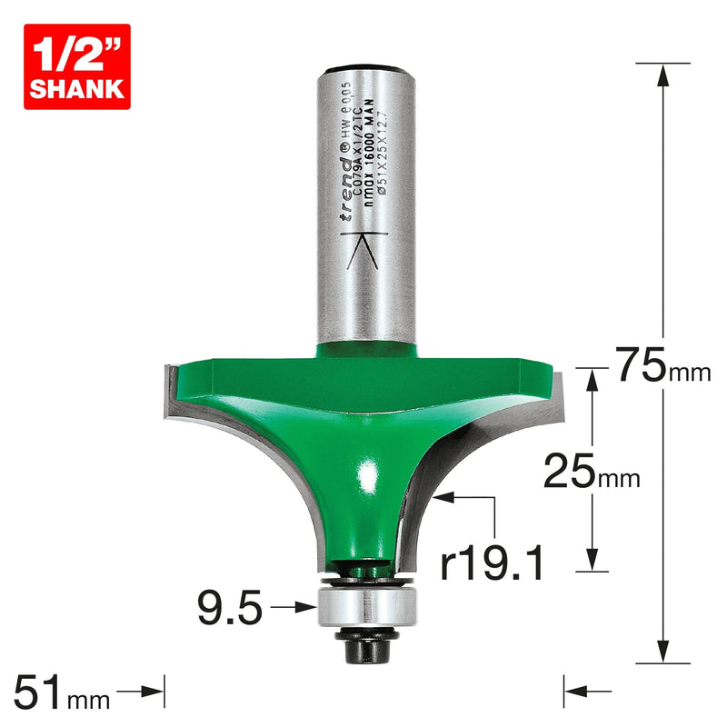 C079AX1/2TC - Rounding over 19mm radius x 25mm cut
