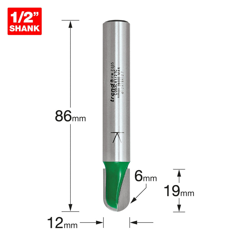 C053CX1/2TC - Trend CraftPro 1/2" TCT 6.0mm Radius Draining Groove Router Cutter, 12mm x 19mm.